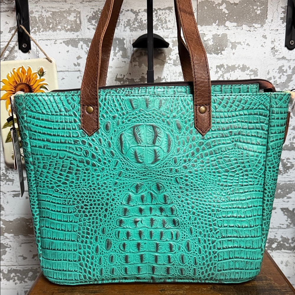 American Darling Turquoise Croc-Embossed Tote with Brown Handles